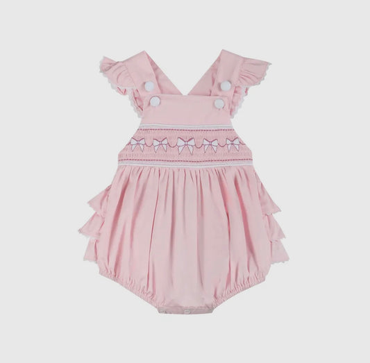 Pink and White Bows Smocked Ruffle Romper
