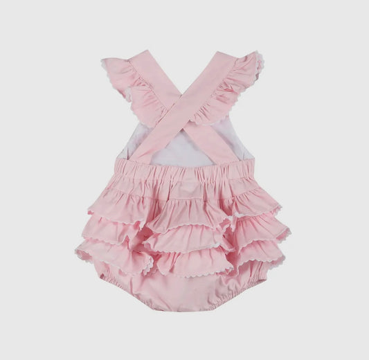 Pink and White Bows Smocked Ruffle Romper