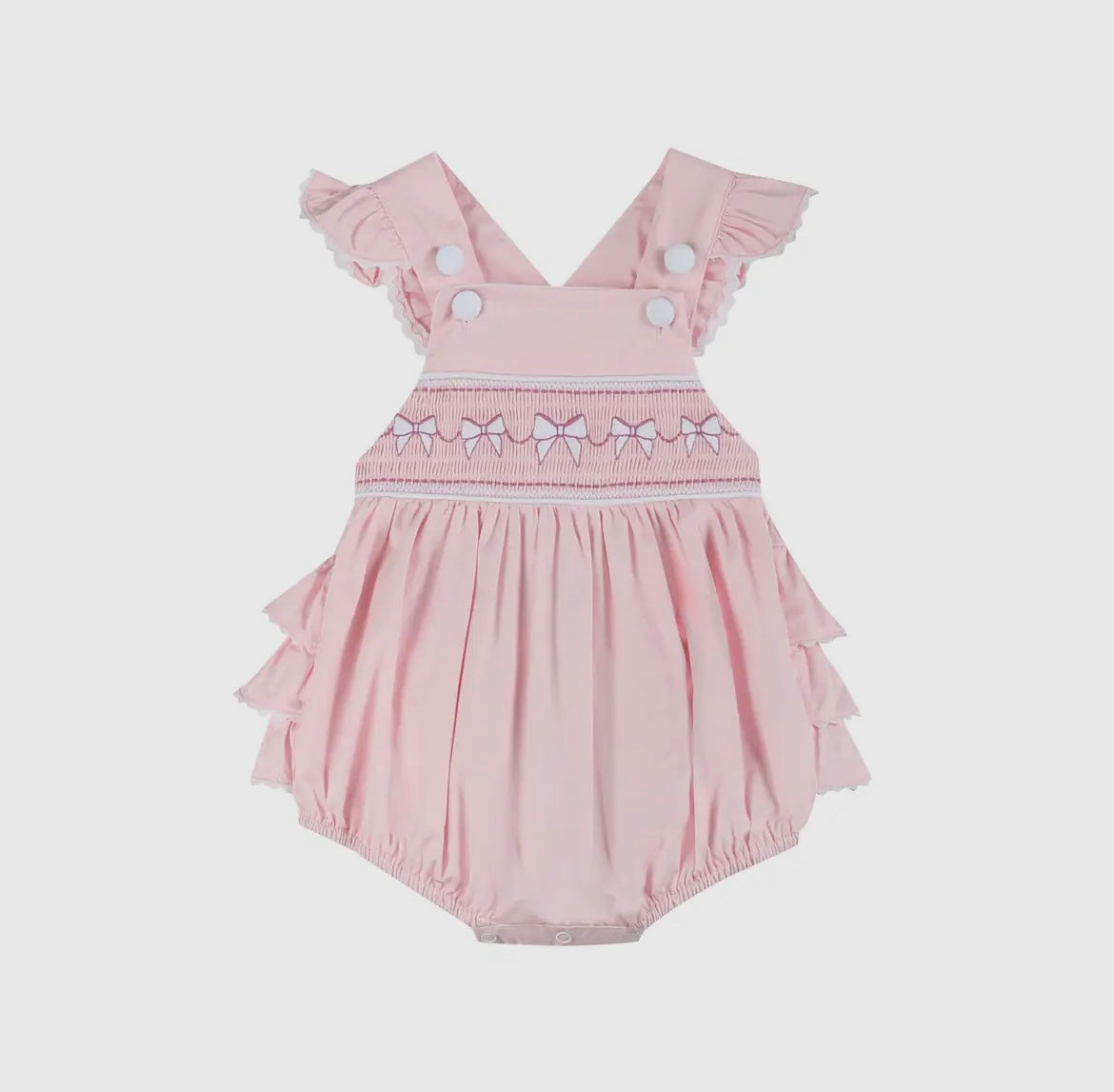 Pink and White Bows Smocked Ruffle Romper
